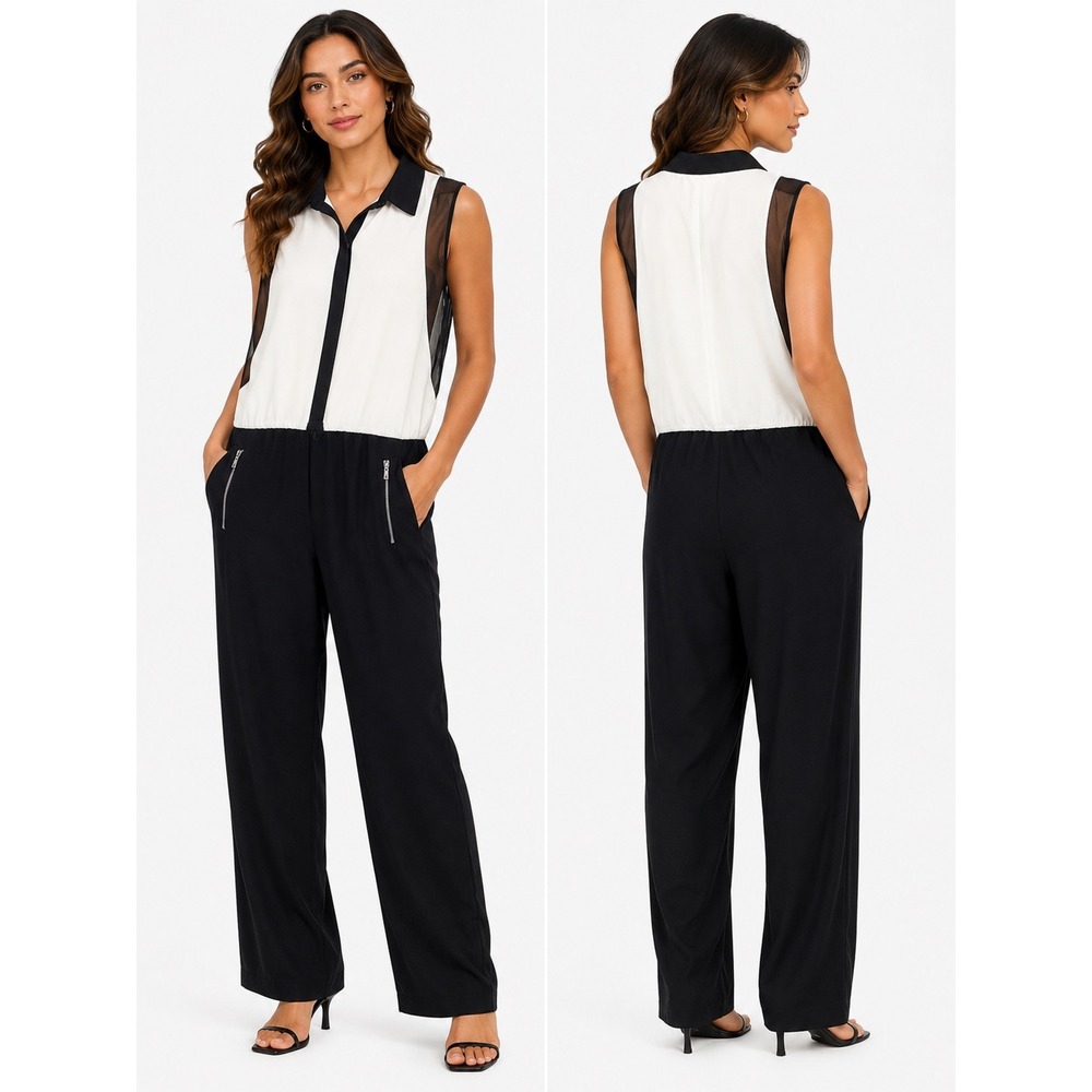 Mossimo Jumpsuit‎ Women XXL Black White Colorblock Mesh Sleeveless Modern Chic